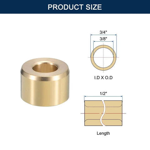 Diagram and image of Brass Sleeve Bearing 3/8 Inch Bore 3/4 Inch Outer Diameter 1/2 Inch Length Self Lubricating Bushing for shafts.