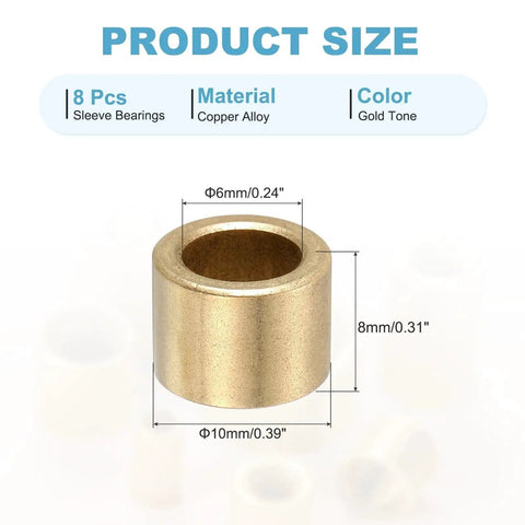 Self Lubricating Brass Sleeve Bearings 6mm Bore 10mm OD 8mm Length Pack Of 8 Gold Tone dimensions