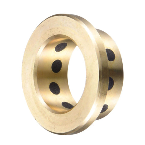 Self Lubricating Flanged Sleeve Bearings 16mm Bore 20mm OD 10mm Length 26mm Flange Diameter 3mm Flange Thickness Brass With Graphite Oil Free 2 Pack Set, showing side view with graphite inserts.
