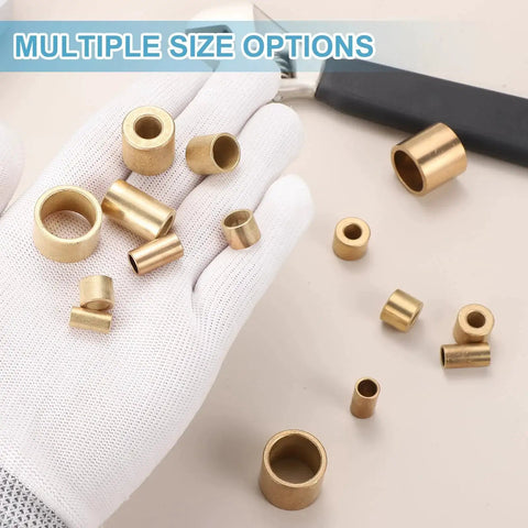 Assorted self lubricating brass sleeve bearings, multiple sizes shown, including 5mm bore 9mm OD 12mm length, pack of 8, in hand.