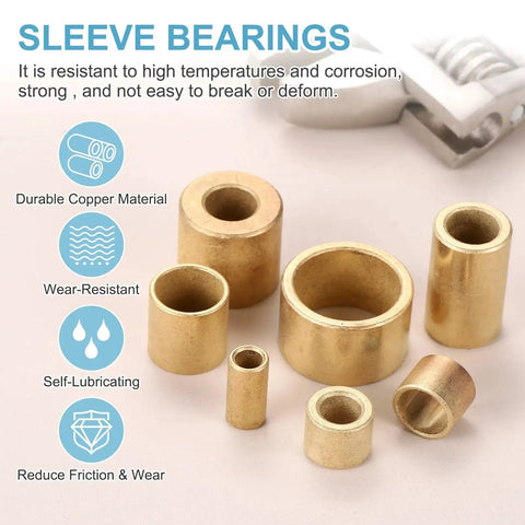 Self Lubricating Brass Sleeve Bearings 5mm Bore 9mm OD 12mm Length Pack of 8 displayed with durability features and copper material.