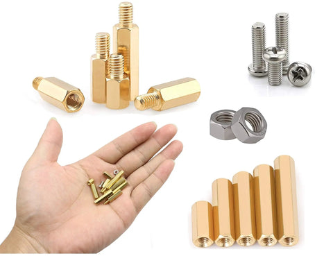 290 Piece M2.5 Hex Brass Spacer Standoff Kit With Screws And Nuts For Motherboard And Electronics Copper Yellow And Stainless Steel Assortment 12 Sizes Including 6 10 15 20 25mm Plus 6mm Extension displayed in hand.