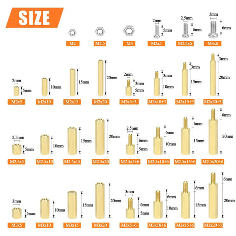 Brass M2 M2.5 M3 Spacers And Standoffs Kit With Screws Nuts And Tweezers 420 Pieces Pro Grade Gear displayed in various sizes.
