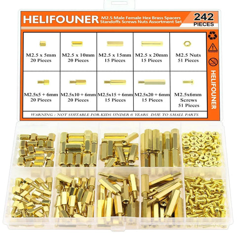 242 Pieces M2.5 Brass Spacers And Standoffs Assortment Kit With Male And Female Hex Spacers Screws And Nuts in a clear box