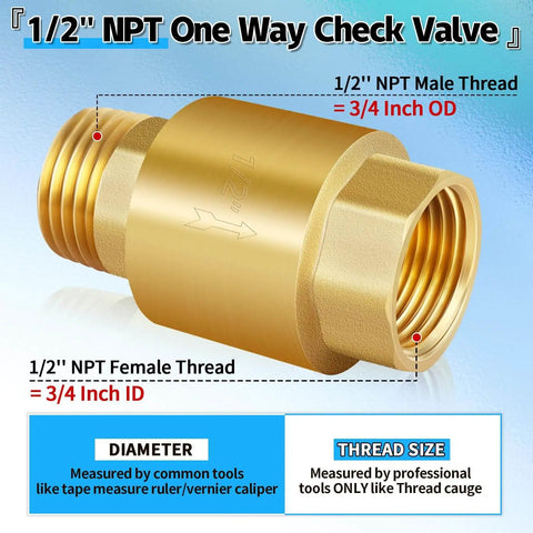 Two Piece Brass Inline Spring Check Valve With One Way Backflow Preventer NPT Half Inch Threads for Well Water Systems displayed front view