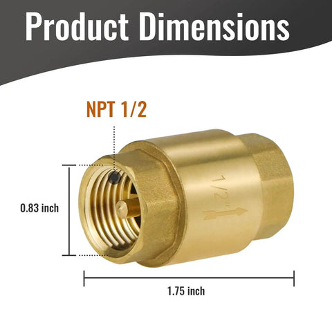Brass NPT 1/2 inch spring check valve with female threads, showing dimensions for water pumps, air compressors, plumbing applications.