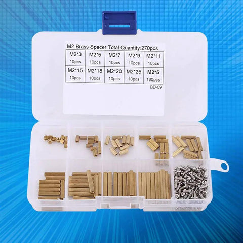 Brass Standoff Kit 270 Pieces M2 Female Thread Spacers with Storage Box for PCBs and Electronics Hardware Installation
