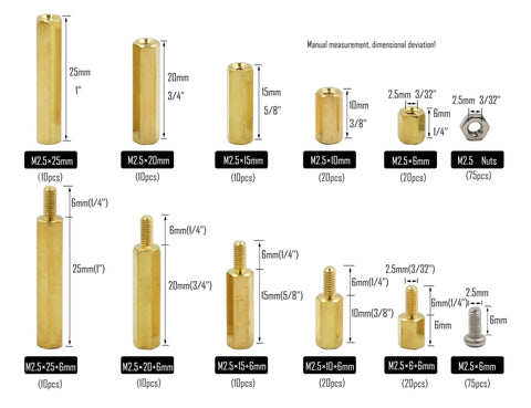 290 Piece M2.5 Hex Brass Spacer Standoff Kit With Screws And Nuts For Motherboard And Electronics Copper Yellow And Stainless Steel Assortment 12 Sizes Including 6 10 15 20 25mm Plus 6mm Extension.