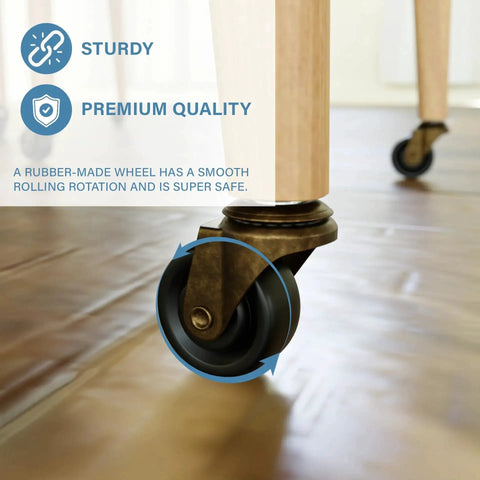 Close-up of brass stem caster with rubber wheel installed on furniture, highlighting safe use on hardwood floors.