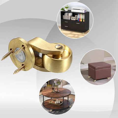 4PCS Universal Brass Stem Casters 1 Inch Furniture Caster Wheels Heavy Duty Swivel 360 Degree Solid Metal Casters displayed with furniture examples