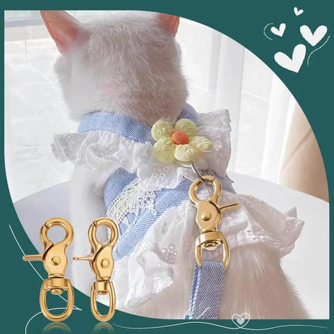 Heavy Duty Swivel Round Snap Clips 2 Pack 2.8 Inch Lobster Claw Hooks for pet leashes shown on a cat harness, brass material.