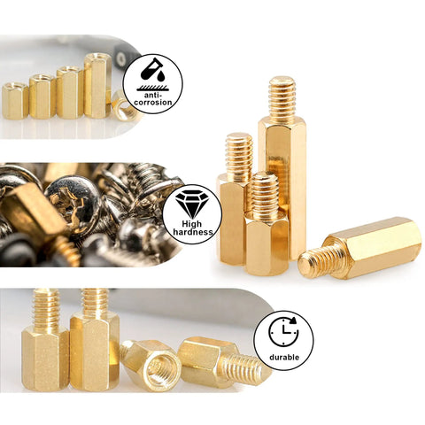 Close-up of 260Pcs M3 Brass Thread Hex Standoff Spacer Assorted Kit With Nuts And Screws for DIY PC build.