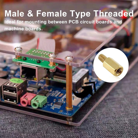 260Pcs M3 Brass Thread Hex Standoff Spacer Assorted Kit With Nuts And Screws For DIY PC Build Includes Male And Female Pillars For Circuit Boards And Motherboards in use on a circuit board