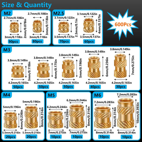 600+7Pcs M2 M2.5 M3 M4 M5 M6 Premium Brass Threaded Inserts, Metric Brass Knurled Nuts Assortment Kit displayed with quantities