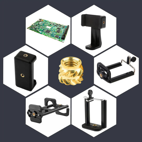 Collage of 100 Pack M3 Brass Heat Set Threaded Inserts for plastic and 3D printing M3x4x5mm knurled nuts in various applications