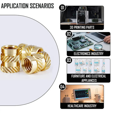 Brass Threaded Inserts Kit For 3D Printing M2 To M5 With 380 Pieces Knurled Heat Set Inserts For Plastic Parts And Electronics Assembly shown with applications in electronics, furniture, and healthcare industries.
