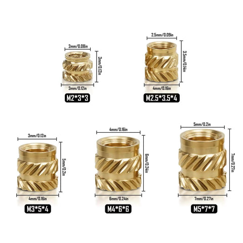Brass Threaded Inserts Kit For 3D Printing M2 To M5 With 380 Pieces Knurled Heat Set Inserts For Plastic Parts And Electronics Assembly, Perfect For Strong Durable Threads In Housings And Projects, visible in various sizes with dimensions.