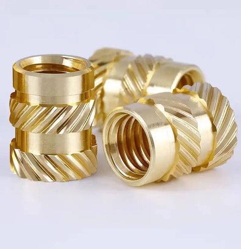 Close-up of Brass Threaded Inserts Kit For 3D Printing M2 To M5 With 380 Pieces Knurled Heat Set Inserts For Plastic Parts And Electronics Assembly