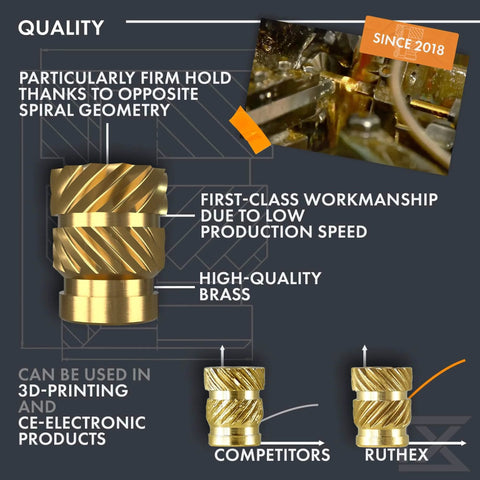 Threaded Inserts M2 + M3 + M4 + M5 Assortment Box - Quality brass heat set insert with spiral geometry for 3D printing and electronics.