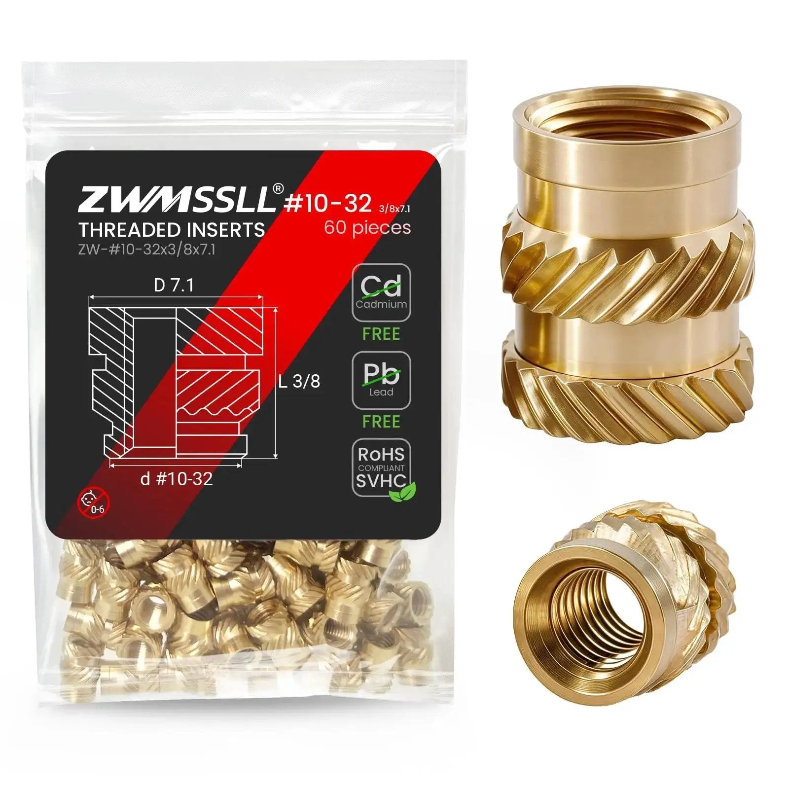 Heat Set Threaded Inserts For Plastic 10-32 UNF Brass ...