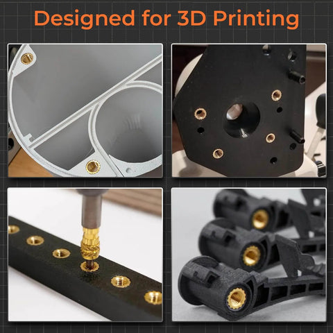 Collage of brass hardware nuts installed in 3D printed components using the 440PCS Threaded Inserts Set with Soldering Tip & Adapter.
