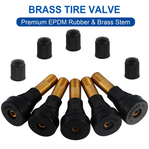 Brass tire valve stems, snap-in high-pressure, 1.71in length, 0.453in hole dia, 5-pack