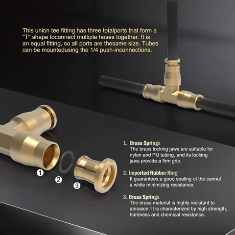 Brass Union Tee Air Line Fittings One Quarter Inch T Fitting For Pneumatic Systems And Air Suspension For DIY Pros Heavy Duty Brass Pneumatic Connectors with black hoses, close-up view.