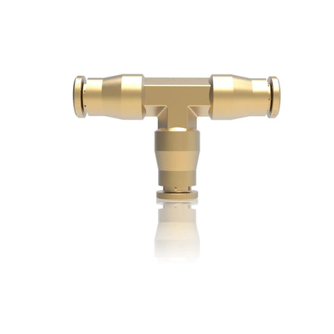 Front view of 1/4 inch Brass Union Tee Air Line Fittings One Quarter Inch T Fitting for Pneumatic Systems and Air Suspension for DIY Pros.