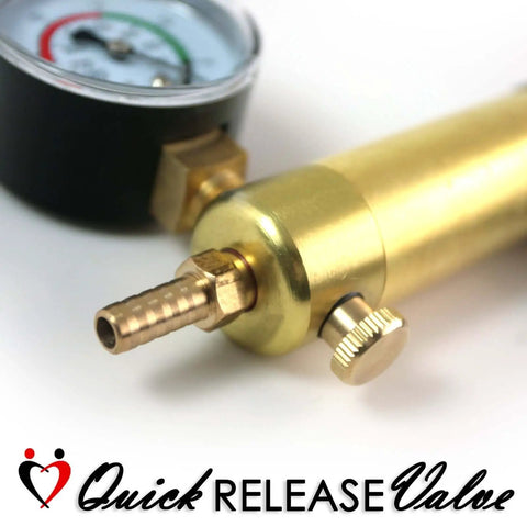 Ultima Vacuum Pump Handle With Gauge close-up, featuring silver aluminum chamber and quick release fittings for precise mechanical work.