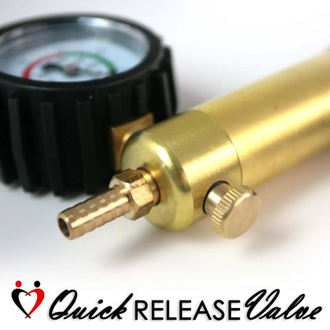 Close-up of Ultima Brass Vacuum Pump Handle With Gauge Installed, showing durable alloy cylinder and quick release valve.