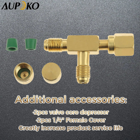Aupoko brass quick-coupler access tee with 1/4 in valve core and swivel connector for gauge vacuum pump manifold