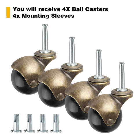 Brass Vintage Antique 2 Inch Ball Caster Wheels Set of 4 with Mounting Sleeves, designed for furniture chairs cabinets, 500 LBS Capacity