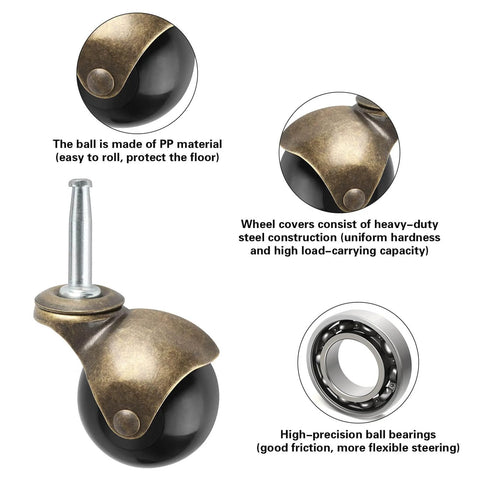 Brass Vintage Antique 2 Inch Ball Caster Wheels Set of 4 Heavy Duty with 5/16 x 1 1/2 Inch Wheels details and components