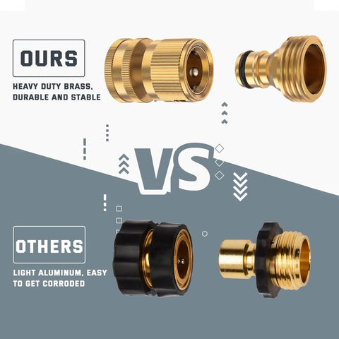 Comparison of Solid Brass Garden Hose Quick Connect Set Three Quarter Inch GHT No Leak Fittings with aluminum connectors