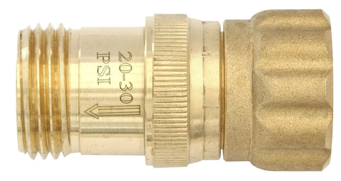 Brass water pressure reducer regulator, 25 PSI, 3/4 inch thread, connected for drip irrigation, handles 150 PSI inlet.