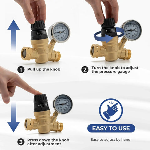 Demonstration of Adjustable Tool Free Water Pressure Regulator Valve With Gauge for RVs, showing how to use the pull-up knob for pressure adjustment.