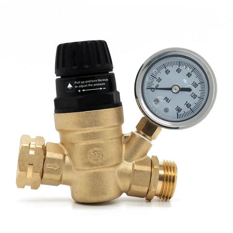 Adjustable Tool Free Water Pressure Regulator Valve With Gauge for RVs, brass, 3/4 inch NH thread, 45-160 PSI, side view.
