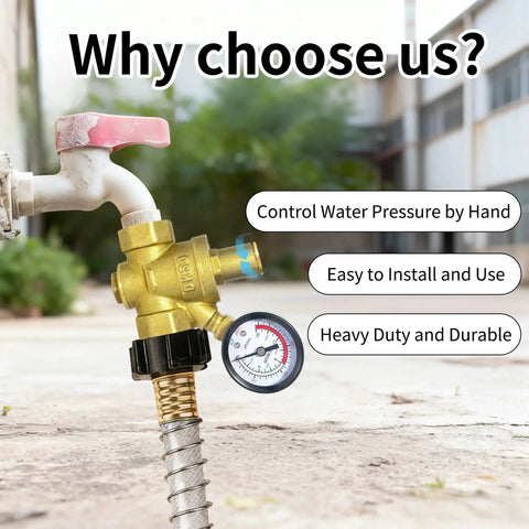 Heavy Duty Brass Water Pressure Regulator With Gauge, 3/4 Inch NPT Thread DN20 installed on outdoor faucet