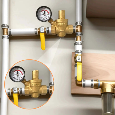 Heavy Duty Brass Water Pressure Regulator With Gauge, 3/4 Inch NPT Thread DN20 installed, corrosion resistant plumbing valve.
