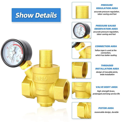 Details of Water Pressure Regulating Valve With Brass Body Three Quarter Inch Inlet DN20, Pressure Reducing Valve 0 To 250 PSI Gauge.