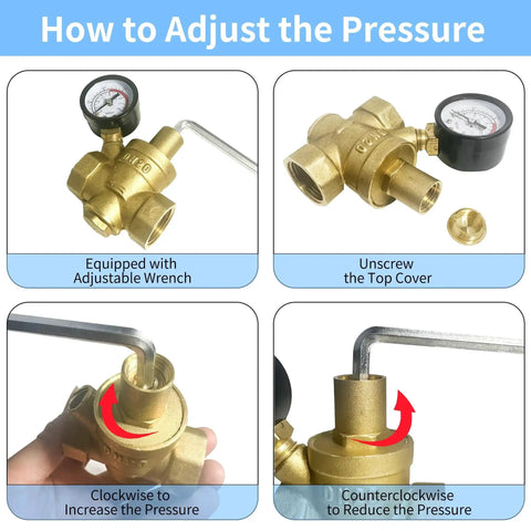 Step-by-step guide on adjusting the Heavy Duty Brass Water Pressure Regulator With Gauge, 3/4 Inch NPT Thread DN20 for home use.