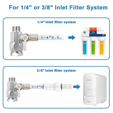 Brass Water Splitter And Go-To Feed Adapter For RO Systems Refrigerator And Ice Maker Three Eighths Inch To Three Eighths Inch To One Quarter Inch Tee Valve With G One Half Inch To G One Half Inch To One Quarter Inch Push In Quick Connect Fittings Lead displayed with inlet filter systems.