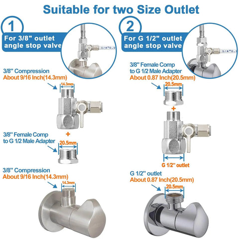 Brass Water Splitter And Go-To Feed Adapter For RO Systems Refrigerator And Ice Maker Three Eighths Inch To Three Eighths Inch To One Quarter Inch Tee Valve With G One Half Inch To G One Half Inch To One Quarter Inch Push In Quick Connect Fittings Lead, suitable for two size outlet connections.