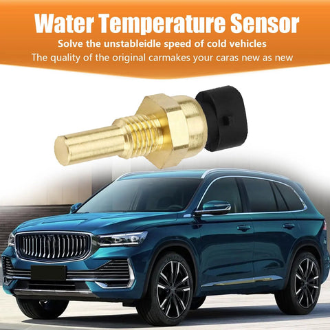Water temperature sensor with brass gold-tone body and black connector, Delphi-compatible automotive part.