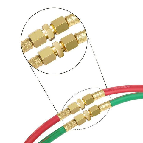 Hromee welding hose coupler adapter set, brass 9/16-18 LH/RH, for oxygen acetylene twin hose, shown on red and green hoses.