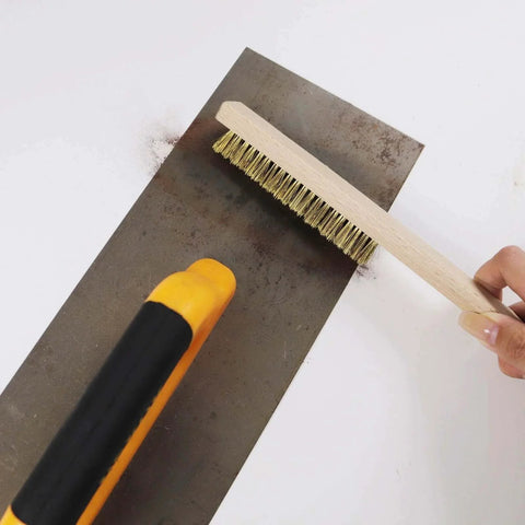 Soft Brass Bristle Wire Brush for Cleaning Metal Rust, Welds, Home and Kitchen, Wire Scratch Brushes with 10" Beechwood Handle in use