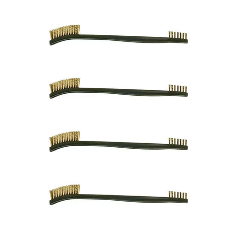 Four small brass wire brushes lined up, part of the 5-Piece Brass Wire Brush Set for cleaning and rust removal.