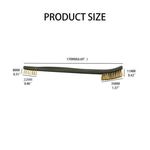 Diagram showing dimensions of the 5-Piece Brass Wire Brush Set with a focus on one Small Brass Wire Brush for Cleaning, Rust Removal.