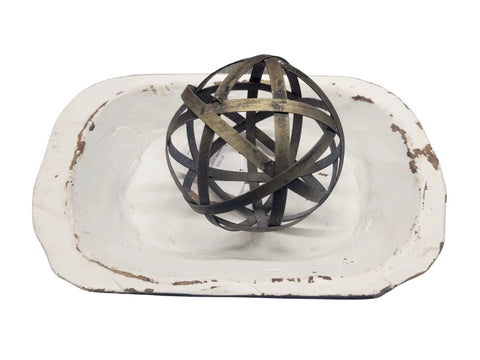 Audrey's Woven 4 inch Brass Decorative Orb Metal Decor Ball on white tray, tabletop accent art
