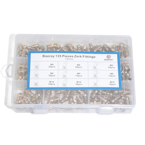 Brass Zerk Grease Fitting Kit Set 135 Pieces For M6 M8 M10 with storage box showing various fittings and angles